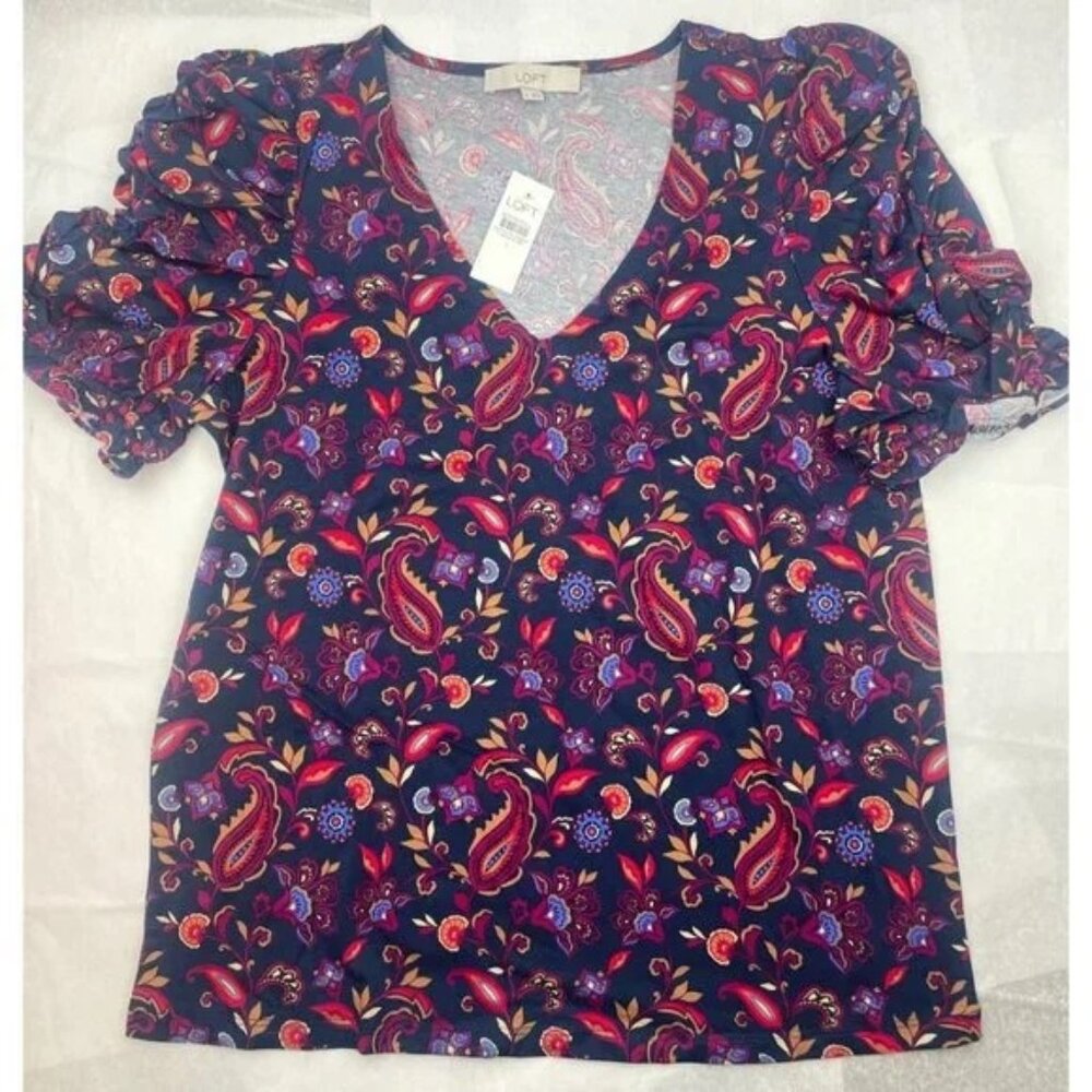 LOFT V-Neck short sleeve top with ruched ruffled sleeve (NWT) 100% cotton